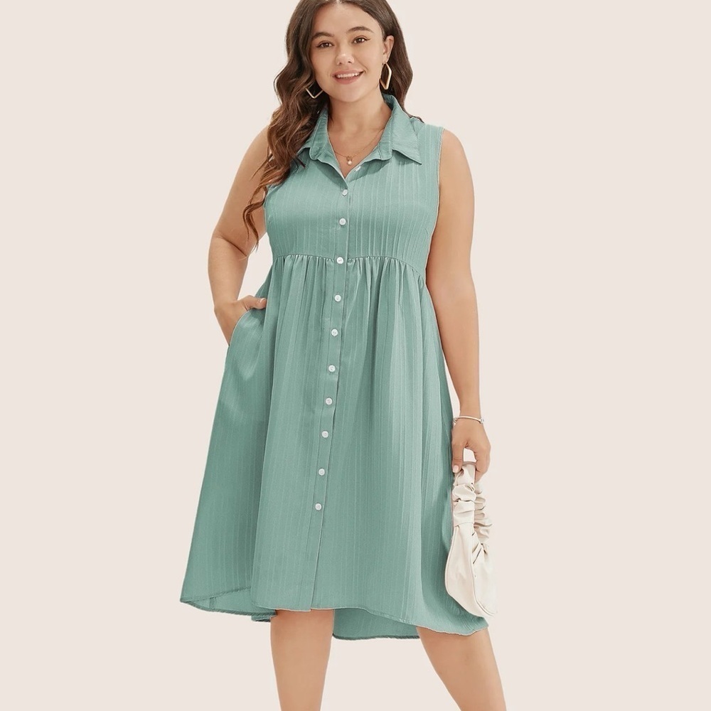 BloomChic Solid Shirt Collar Ruffle Pocket High Low Hem Button Up Dress